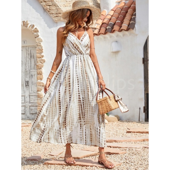 Rouge! Dresses & Skirts - Tie Dye White Beige Tan V-Neck Cami Dress Maxi Flared Long Surplice Overlapping